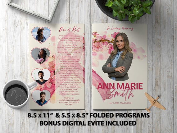Pink Ribbon Funeral Program Template Memorial Announcement, Obituary Flyer, Celebration of Life Magazine, 5.5x8.5 & 8.5x11 + Digital