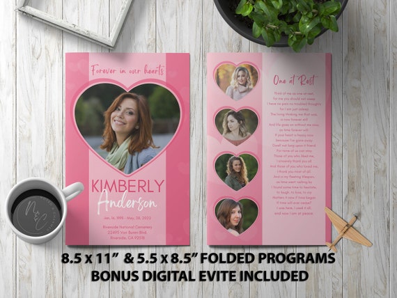 Pink Heart Funeral Program Template Memorial Announcement, Obituary Flyer, Celebration of Life Magazine, 5.5x8.5 & 8.5x11 Digital Evite