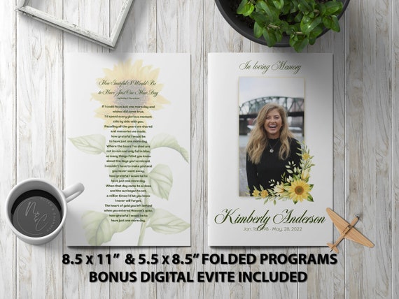 Sunflower Funeral Program Template - Memorial Announcement, Obituary Flyer, Celebration of Life Magazine - 5.5x8.5 + 8.5x11 & Digital Evite