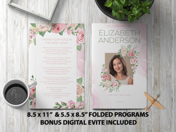 Pink Roses Funeral Program Template Memorial Announcement, Obituary Flyer, Celebration of Life Magazine, 5.5x8.5 & 8.5x11 Digital Evite