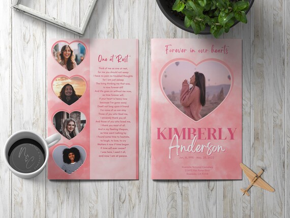 Pink Hearts Funeral Program Template - Celebration of Life, In Loving Memory, Keepsake Brochure Magazine, Instant Download