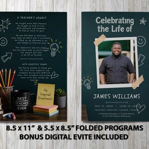 Può includere: Due modelli di programma funebre con sfondo a lavagna verde scuro. Il lato sinistro presenta una poesia, un portamatite, una tazza con l'etichetta 'BEST TEACHER EVER' e un post-it. Il lato destro mostra una foto di James Williams.