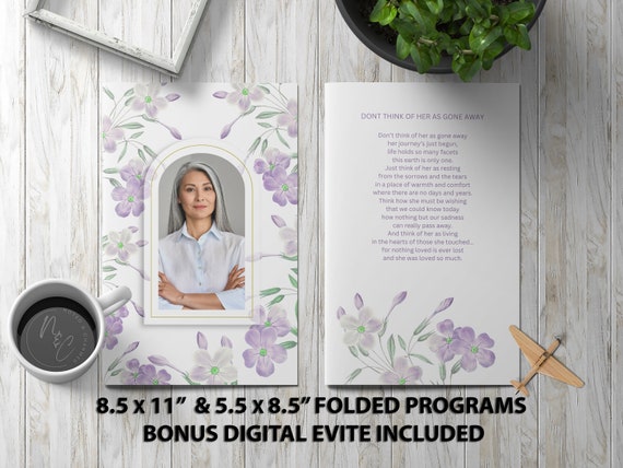 Purple Flowers Funeral Program Template | Memorial Announcement, Obituary Flyer, Celebration of Life Magazine - 5.5x8.5 & 8.5x11 Bonus Evite