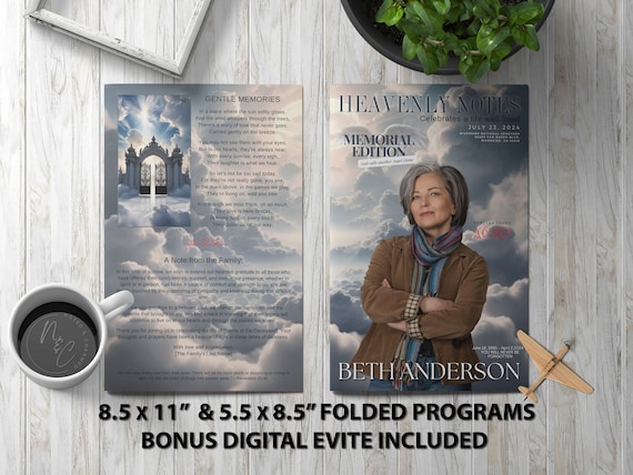 Magazine Heavenly Notes Funeral Program Template Memorial Announcement, Obituary Flyer, Celebration of Life Magazine - 5.5x8.5 & 8.5x11