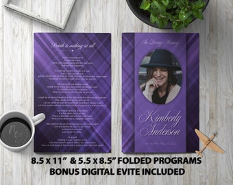 Purple Plaid Funeral Program Template Memorial Announcement, Obituary Flyer, Celebration of Life Magazine, 5.5x8.5 & 8.5x11 + Digital