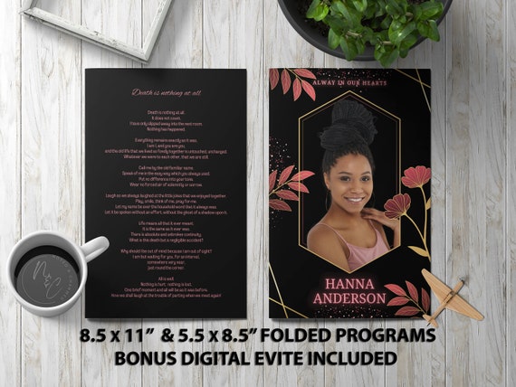 Gold and Pink Funeral Program Template Memorial Announcement, Obituary Flyer, Celebration of Life Magazine, 5.5x8.5 & 8.5x11 Digital Evite