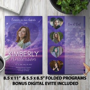 Minnesprogrammet Serenity in Purple | Redigerbart begravningsprogram för att fira livet | Digital nedladdning för minnesgudstjänster