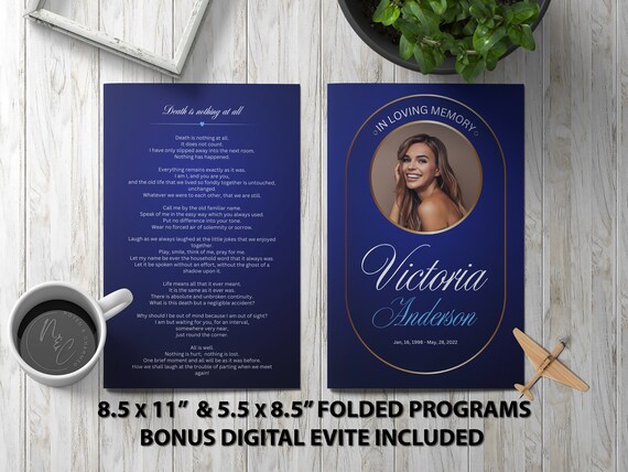 Modern Blue Funeral Program Template Memorial Announcement, Obituary Flyer, Celebration of Life Magazine, 5.5x8.5 & 8.5x11 Digital Program