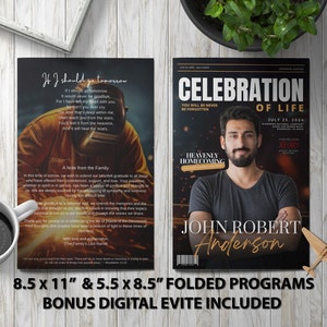 May include: A black and gold funeral program template with a photo of a man and the text "Celebration of Life" and "John Robert Anderson". The program is 8.5 inches by 11 inches and includes a bonus digital evite.
