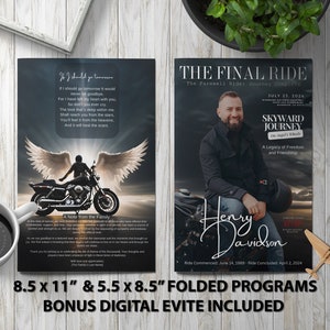 Programa funerario "Alas de un Jinete" (Canva, descarga editable) - Motocicleta