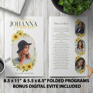 Puede incluir: Un programa de funeral plegado con un tema de girasol. La portada presenta una foto de una mujer con un sombrero y una corona de flores con girasoles. El texto dice "Celebrating the life of JOHANNA Anderson" e incluye las fechas "Jan. 16, 1991 - May 28, 2022". La contraportada presenta un poema titulado "One at Rest" e incluye tres fotos de la mujer.