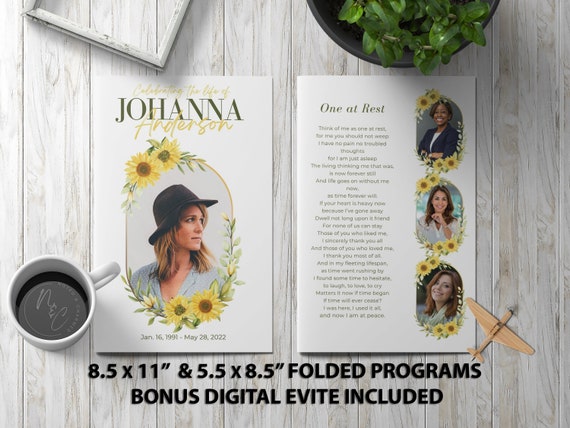 Sunflower Funeral Program Template - Memorial Announcement, Obituary Flyer, Celebration of Life Magazine - 5.5x8.5 + 8.5x11 & Digital Evite