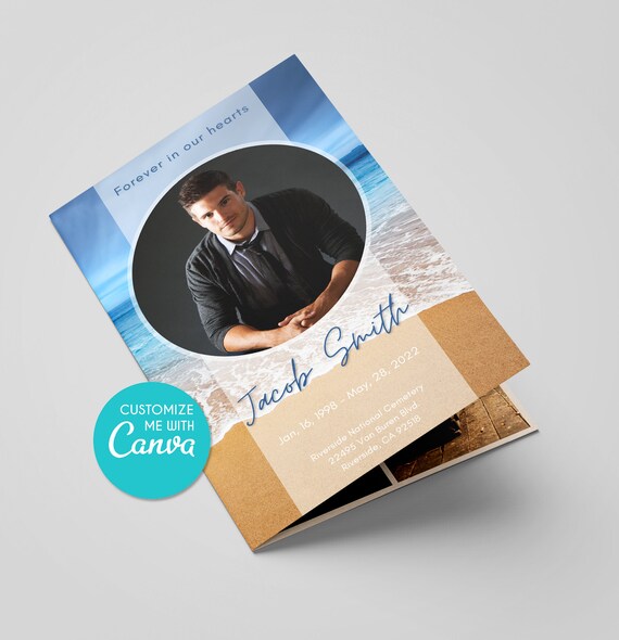 Funeral Memorial Program Template Peaceful Beach Canva template. Online Edit Funeral Announcement Obituary Funeral Flyer Celebration of Life