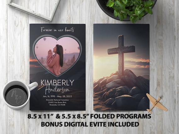 Cross Sunset Funeral Program Template Memorial Announcement, Obituary Flyer, Celebration of Life Magazine, 5.5x8.5 & 8.5x11 Digital Evite