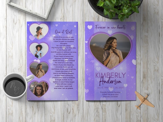 Purple Glowing Hearts Funeral Program Template - Celebration of Life, In Loving Memory, Keepsake Brochure Magazine, Instant Download