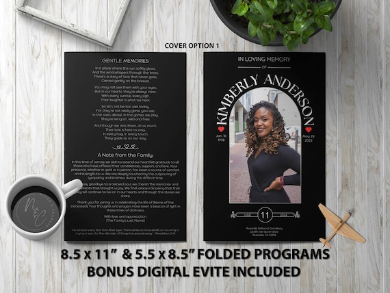 Black and Red Heart Funeral Program Template | Memorial Announcement, Obituary Flyer, Celebration of Life Magazine - 5.5x8.5 & 8.5x11