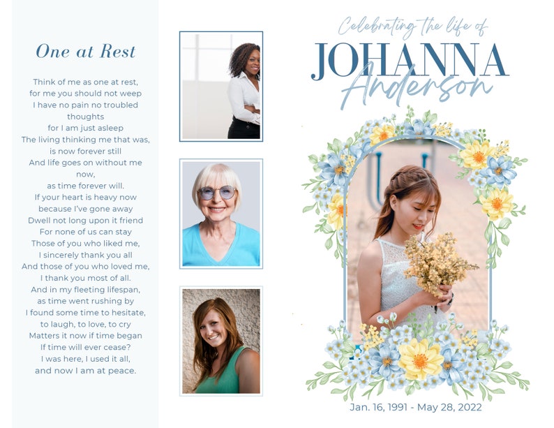 Editable Blue Floral Frame Funeral Program Template Celebration of Life