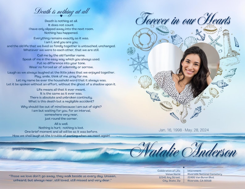 Nautical Beach Funeral Program Template | Editable Memorial Keepsake ...