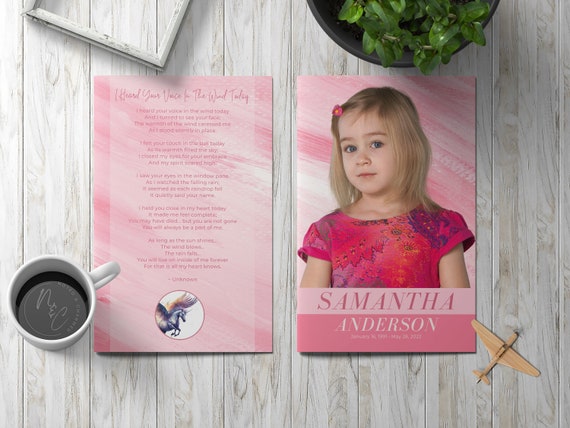 Pink Childs Funeral Program Template - Celebration of Life, In Loving Memory, Keepsake Brochure Magazine, Instant Download