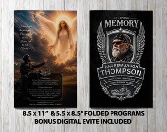 Biker Funeral Program • Motorcycle Memorial Template • Angel Tribute Celebration of Life Obituary Layout