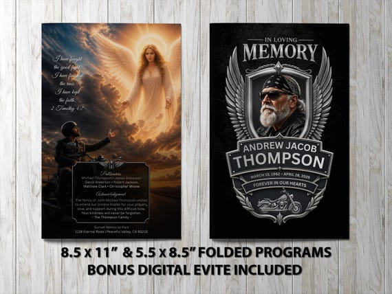 Timeless Motorcycle Tribute Funeral Program Template for Honoring a Life Well Lived • Angel Memorial Layout | Noted & Charmed