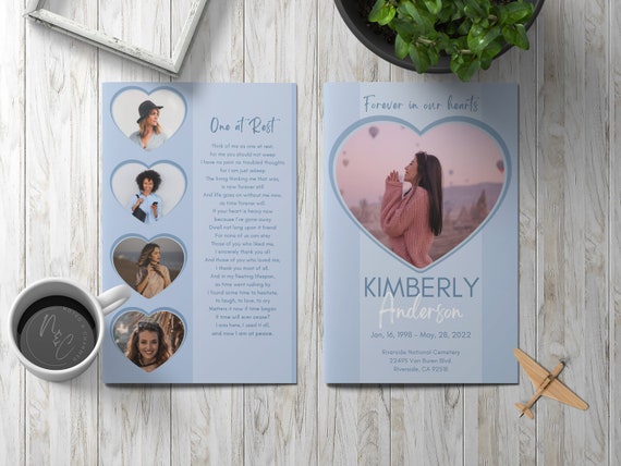 Blue Hearts Funeral Program Template - Celebration of Life, In Loving Memory, Keepsake Brochure Magazine, Instant Download