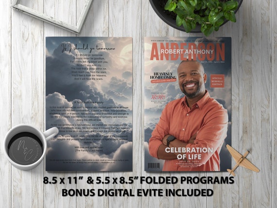 Cloudy Sky Magazine Cover Funeral Program Template Memorial Announcement, Obituary Flyer, Celebration of Life Magazine - 5.5x8.5 & 8.5x11