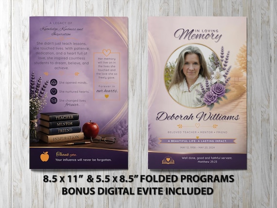 Teacher Funeral Program • Elegant Purple Floral Celebration of Life for Beloved Educator | Noted & Charmed