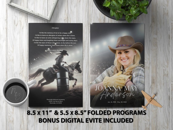Barrel Racing Funeral Program Template Memorial Announcement, Obituary Flyer, Celebration of Life Magazine, 5.5x8.5 & 8.5x11 Folded