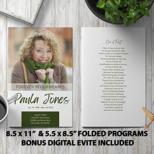 Minimalist Green Funeral Program Template Memorial Announcement, Obituary Flyer, Celebration of Life Magazine, 5.5x8.5 & 8.5x11 digital evit