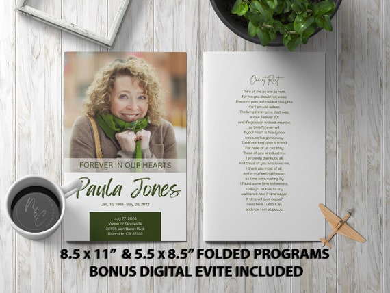 Minimalist Green Funeral Program Template Memorial Announcement, Obituary Flyer, Celebration of Life Magazine, 5.5x8.5 & 8.5x11 digital evit