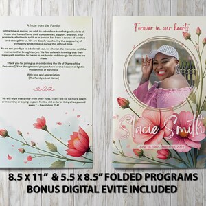 Puede incluir: Un programa conmemorativo con una foto de una mujer, rodeada de ilustraciones florales. El programa incluye el texto "Forever in our hearts" y "Stacie Smith". El programa mide 21,6 x 27,9 cm y 14 x 21,6 cm.