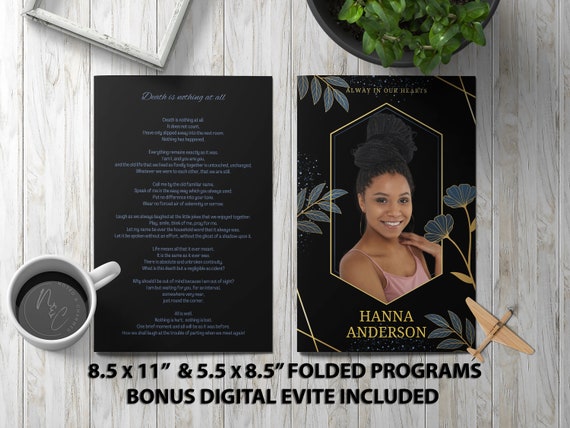 Gold and Blue Funeral Program Template Memorial Announcement, Obituary Flyer, Celebration of Life Magazine, 5.5x8.5 & 8.5x11 Digital Evite