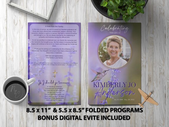 Humming Bird Funeral Program Template - Memorial Announcement, Obituary Flyer, Celebration of Life Magazine - 5.5x8.5 + 8.5x11 &  Evite