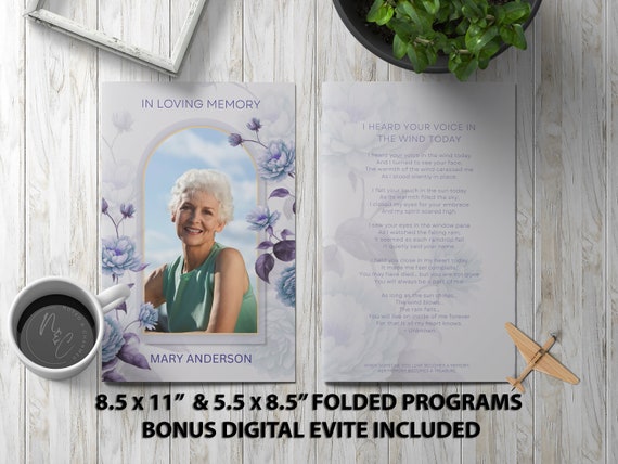 Purple Flowers Funeral Program Template | Memorial Announcement, Obituary Flyer, Celebration of Life Magazine - 5.5x8.5 & 8.5x11 Bonus Evite