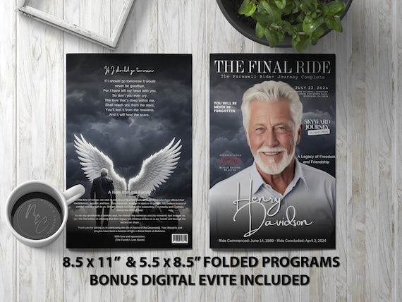Magazine Style Motorcycle Funeral Program Template 3 Memorial Announcement, Obituary Flyer, Celebration of Life Magazine - 5.5x8.5 & 8.5x11
