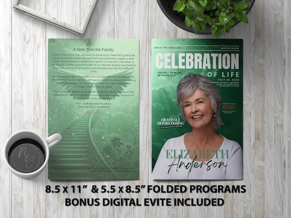 Emerald Green Stairway Program Template Memorial Announcement, Obituary Flyer, Celebration of Life Magazine, 5.5x8.5 & 8.5x11 + Digital