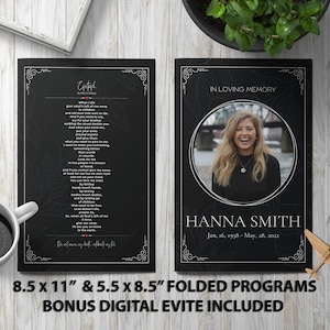 Black and Gray Funeral Program Template | Memorial Announcement, Obituary Flyer, Celebration of Life Magazine - 5.5x8.5 & 8.5x11