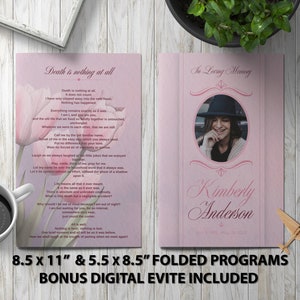 Peut inclure: Modèle de programme funéraire rose et blanc avec une photo d'une femme portant un chapeau noir. Le programme mesure 8,5 pouces sur 11 pouces et se plie à 5,5 pouces sur 8,5 pouces. Le texte sur la face avant du programme est "En souvenir affectueux Kimberly Anderson". Le texte au dos du programme est "La mort n'est rien du tout".