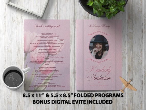 Pink Tulips Funeral Program Template Memorial Announcement, Obituary Flyer, Celebration of Life Magazine, 5.5x8.5 & 8.5x11 Digital