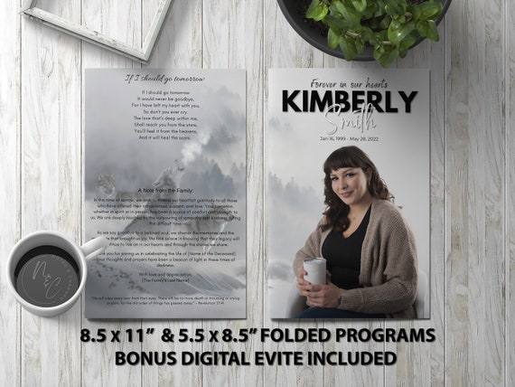 Snowy Winter Wolves Funeral Program Template Memorial Announcement, Obituary Flyer, Celebration of Life Magazine, 5.5x8.5 & 8.5x11 + evite