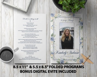 Blue and White Roses Funeral Program Template Memorial Announcement, Obituary Flyer, Celebration of Life Magazine, 5.5x8.5 & 8.5x11 Digital