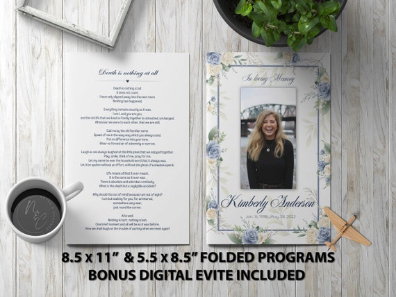 Blue and White Roses Funeral Program Template Memorial Announcement, Obituary Flyer, Celebration of Life Magazine, 5.5x8.5 & 8.5x11 Digital