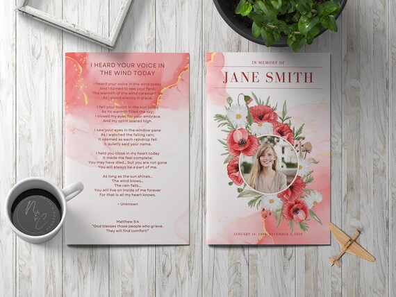 Red Poppys Funeral Program Template - Celebration of Life, In Loving Memory, Keepsake Brochure Magazine, Instant Download