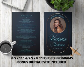 Modern Blue Funeral Program Template Memorial Announcement, Obituary Flyer, Celebration of Life Magazine, 5.5x8.5 & 8.5x11 Digital Program