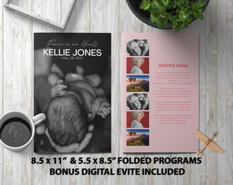 Può includere: Una foto in bianco e nero di un bambino in un paio di mani. La foto è sul lato sinistro di un programma piegato con uno sfondo rosa. Il programma contiene il testo "Forever in our Hearts" e "Kellie Jones" in testo bianco. Il lato destro del programma contiene il testo "Gentle Hush" in testo rosa. Il programma misura 21,6 cm per 27,9 cm e 14 cm per 21,6 cm quando è piegato.
