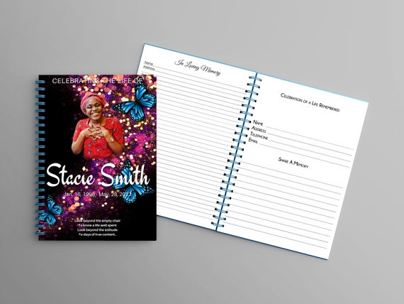 Blue Butterfly Memorial Celebration of life guest book with share a memory pages.  Canva Template.  Funeral Book - F0051