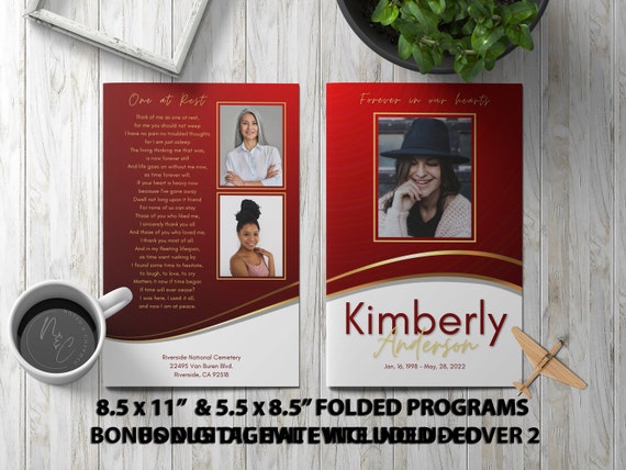 Red and Gold Funeral Program Template Memorial Announcement, Obituary Flyer, Celebration of Life Magazine, 5.5x8.5 & 8.5x11 Digital Evite