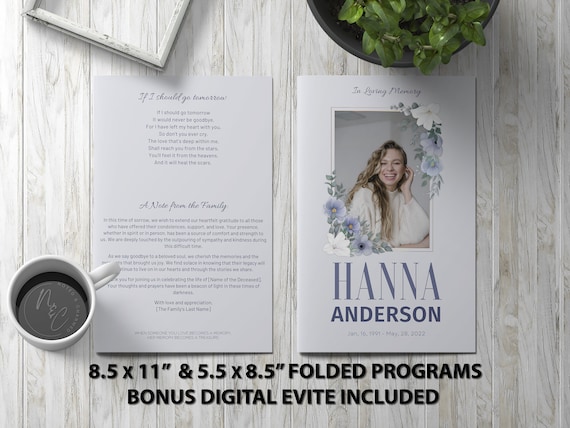 Blue Floral Framed Funeral Program Template Memorial Announcement, Obituary Flyer, Celebration of Life Magazine, 5.5x8.5 & 8.5x11 + Evite