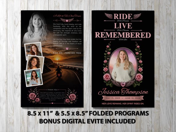 Female Motorcycle Funeral Program in Pink • Biker Memorial Celebration of Life Template with Wings and Roses | Noted & Charmed